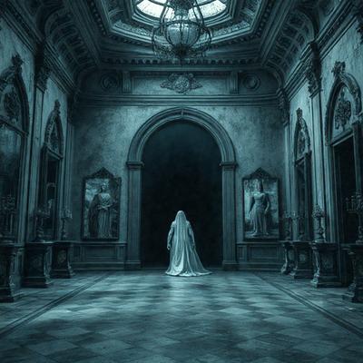 The primary subject of the image is a woman dressed in a white gown, standing in a large, dark room with high ceilings. The setting appears to be a grand hall or a castle-like structure, with a chandelier hanging from the ceiling. The visual style of the image is a combination of photo and digital art, creating a dramatic and atmospheric scene. The colors in the image are predominantly dark, with the woman's white gown standing out against the black background. The overall